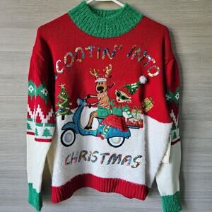Scootin Into Christmas Ugly Sweater Holiday Size‎ M Sequin Moped Reindeer Granny